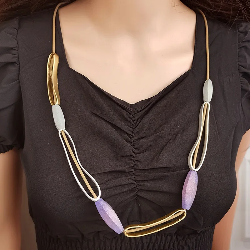 Ethnic Geometric Wood Beads Necklaces Pendants for Women Long Rope Chain Statement Sweater Necklace Vintage Fashion Jewelry
