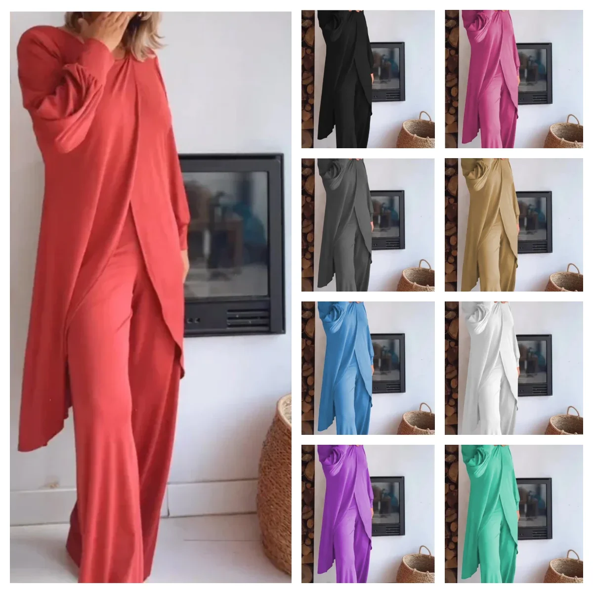 

New European and American Women's Long-sleeved Suit Wide-leg Pants Suit Irregular Fashion Casual Cross Plus Size Two-piece Suit