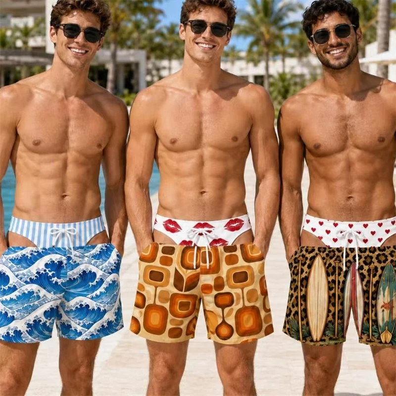 Novelty Fake Underwear Visual‑effect Print Men Swim Shorts Tropical Geometric Plant Print Quick‑dry Board Shorts Summer Beach