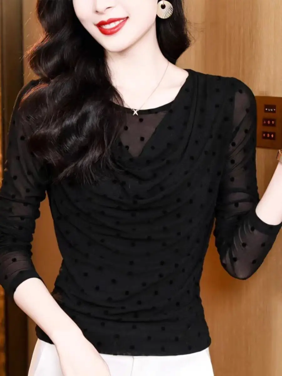 Obcisły top z nadrukiem w kropki dla kobiet O Neck Długie rękawy Slim Fit T-shirt 2025 Wiosenne siateczkowe swetry dla kobiet — zdjęcie 5