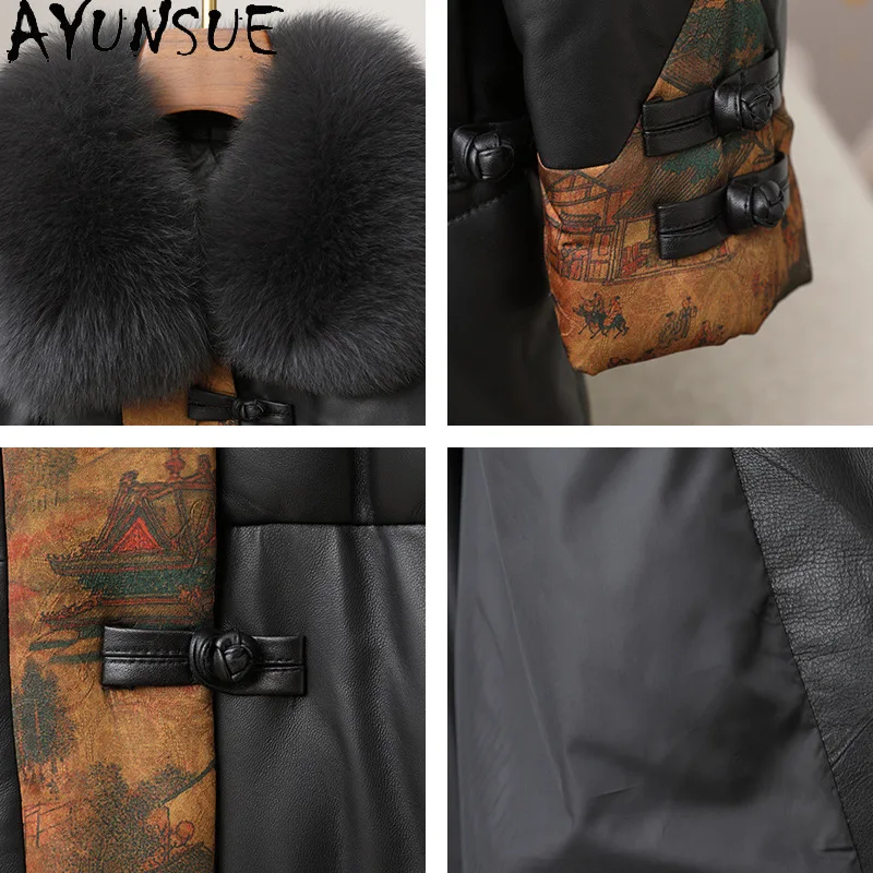 AYUNSUE 정품 가죽 다운 재킷 여성 겨울 의류 2025 중간 길이 양피 여성 코트 여우 모피 칼라 Jaqueta De Couro