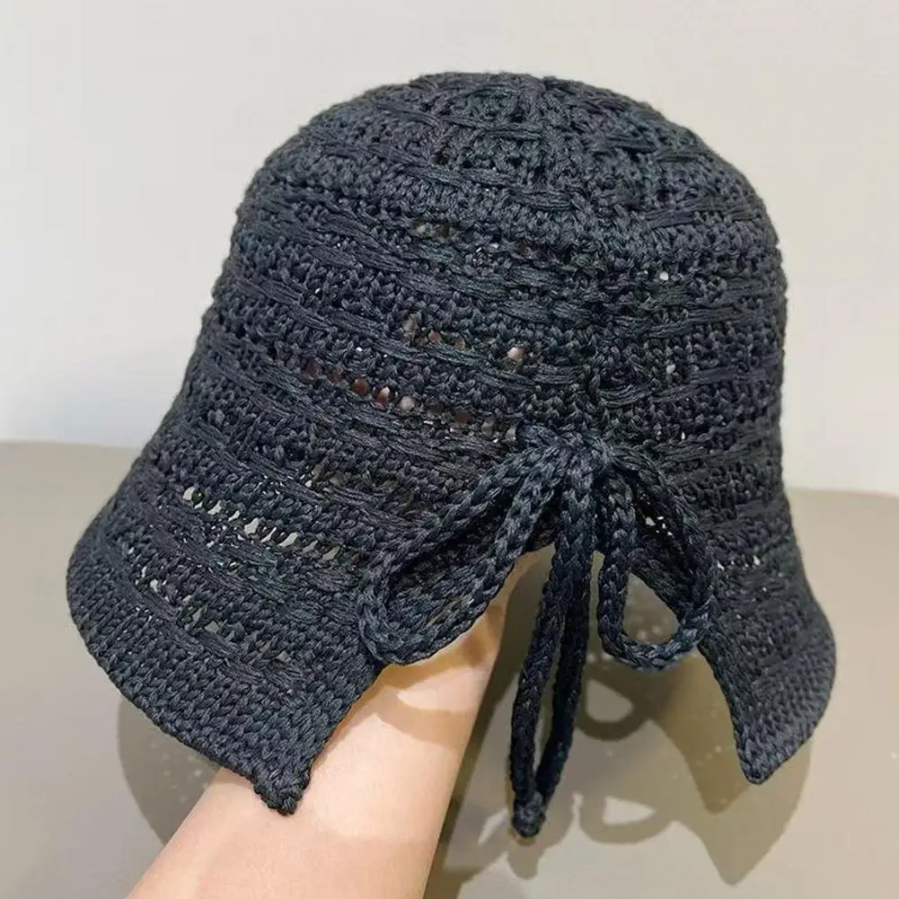 Sun Protection Hat Summer Basin Hat Crochet Hollow Design Wide Brim Sun Protection Cap Lace-up Knitted Outdoor Beach Accessory