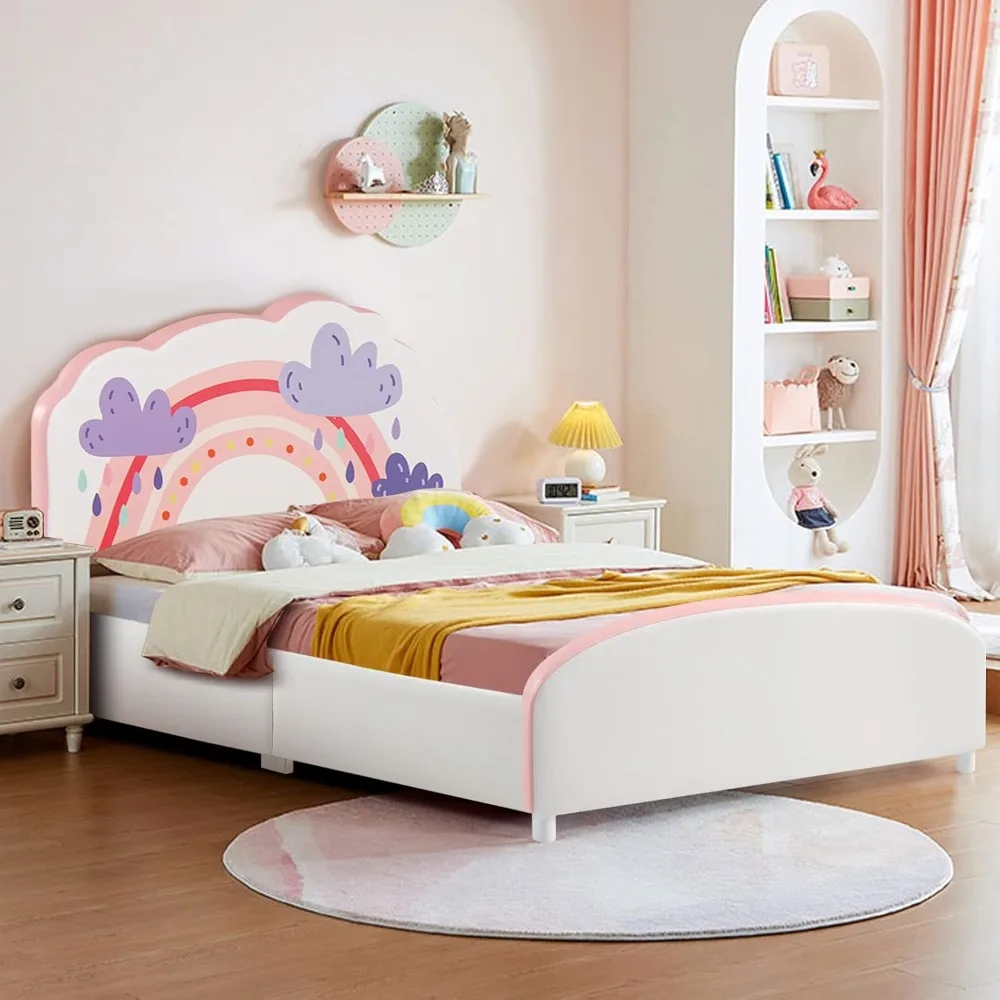 Costzon-marcos de cama doble para niños, plataforma de cama doble tapizada en madera con soporte de Listón, cabecero acolchado y reposapiés, sin caja