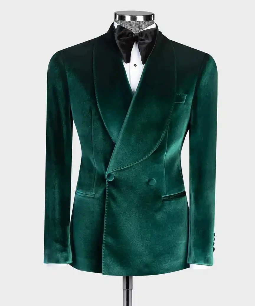 

Formal Green Velvet Men Suits 2 Pieces Jacket Pants Sets Double Breasted Shawl Lapel Business Groom Wedding Cusom Male Outfits
