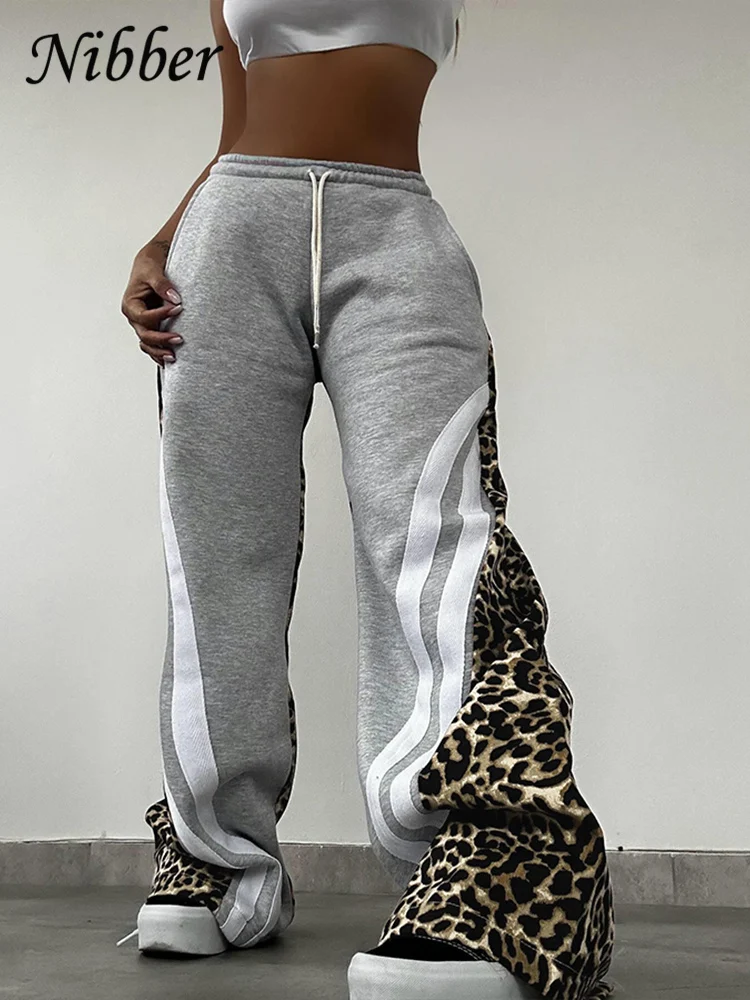 Nibber Side Stripe Women Flare Pants Autumn Hipster Leopard Patchwork Pocket Casual Wild Basic Street Sports Sweatpants Trousers