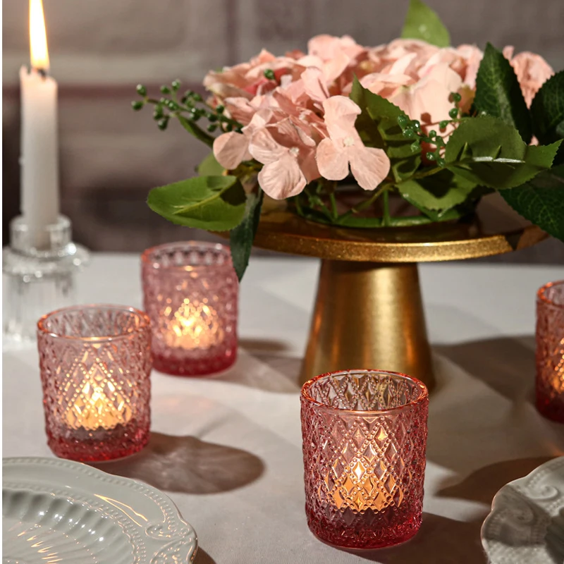 Iridescent French 6 pcs/set White green Glass Candle Cup Holographic Holder Vintage Embossed  Ornaments table decoration