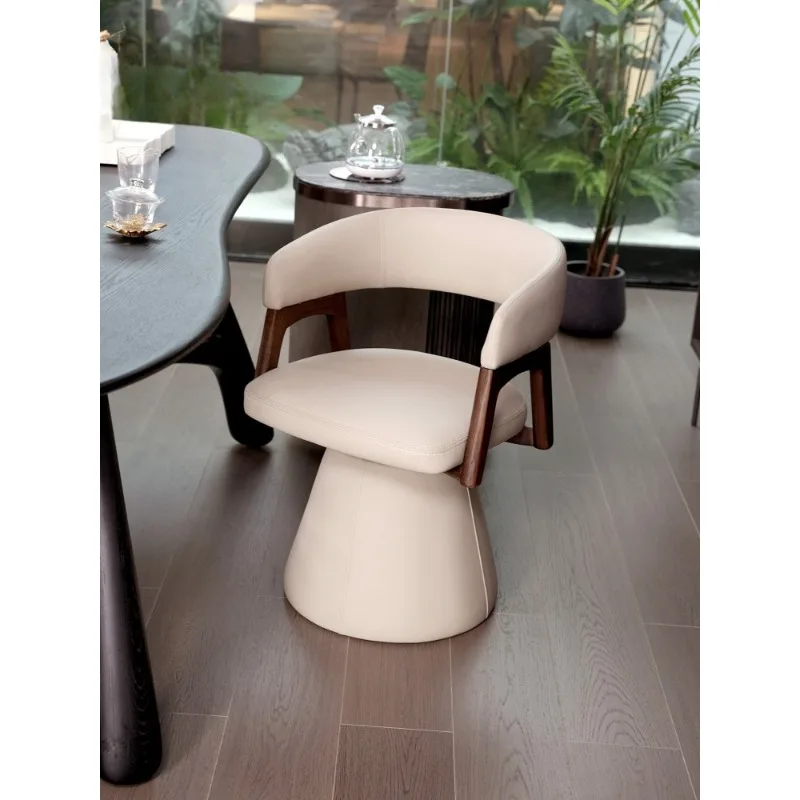 

Aesthetic black walnut, leather solid wood tea chair light luxury, premium rotating dining chair master single chair