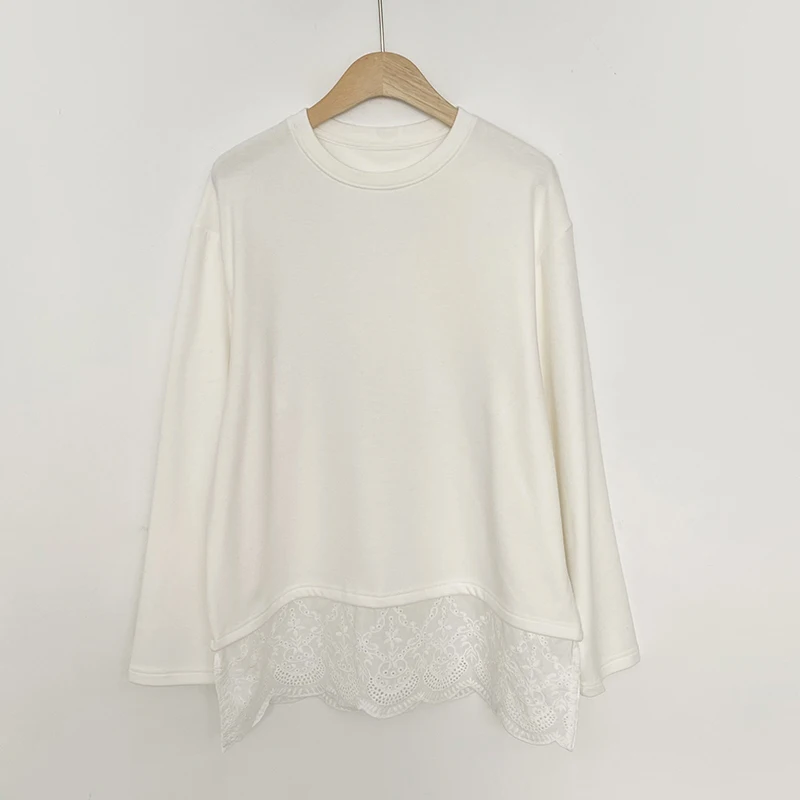 

Women's casual solid color slit lace double-sided velvet long sleeved T-shirt loose women's top