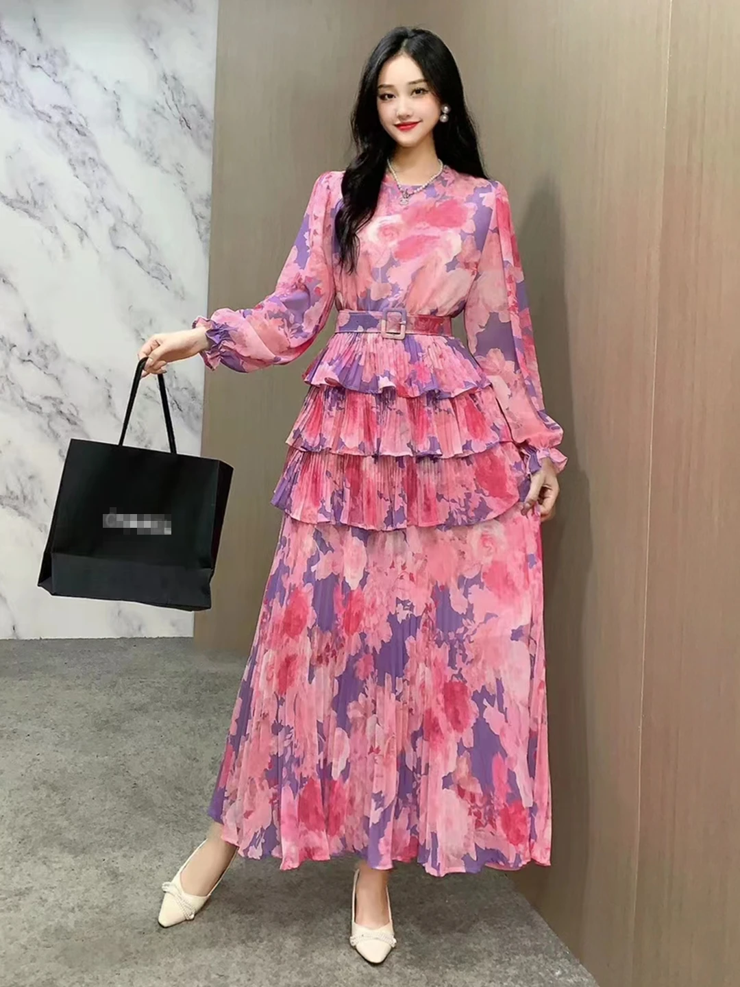 2024 New Spring Autumn Women Long Sleeve Belt Slim Long Dress High Quality Sweet Pleated Cake Big Hem Floral Dress 6 Colors