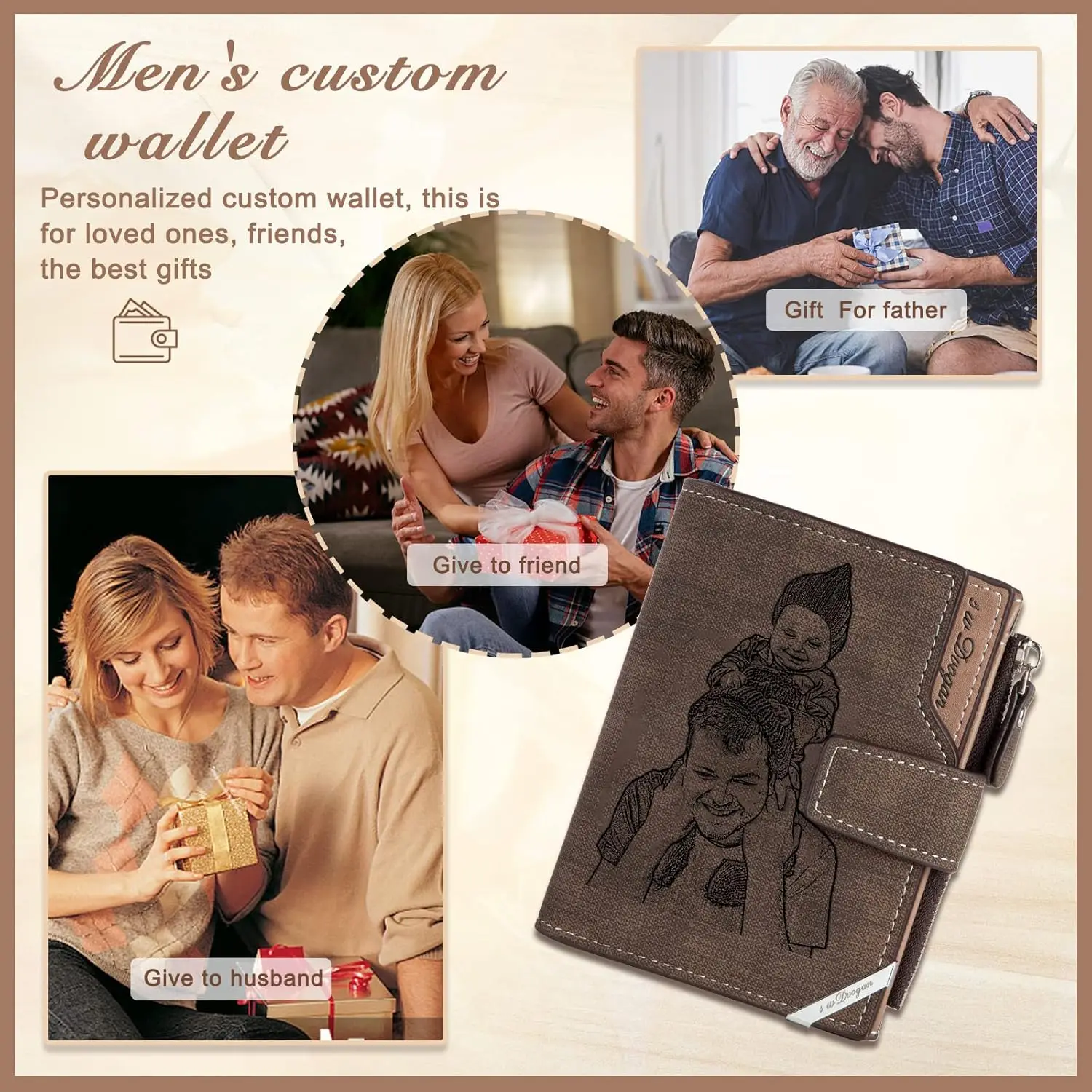 Gepersonaliseerde gegraveerde fotoportemonnees voor mannen Aangepaste cadeaus voor papa, man, vriend |   Perfecte vaderdag- en verjaardagscadeautjes
