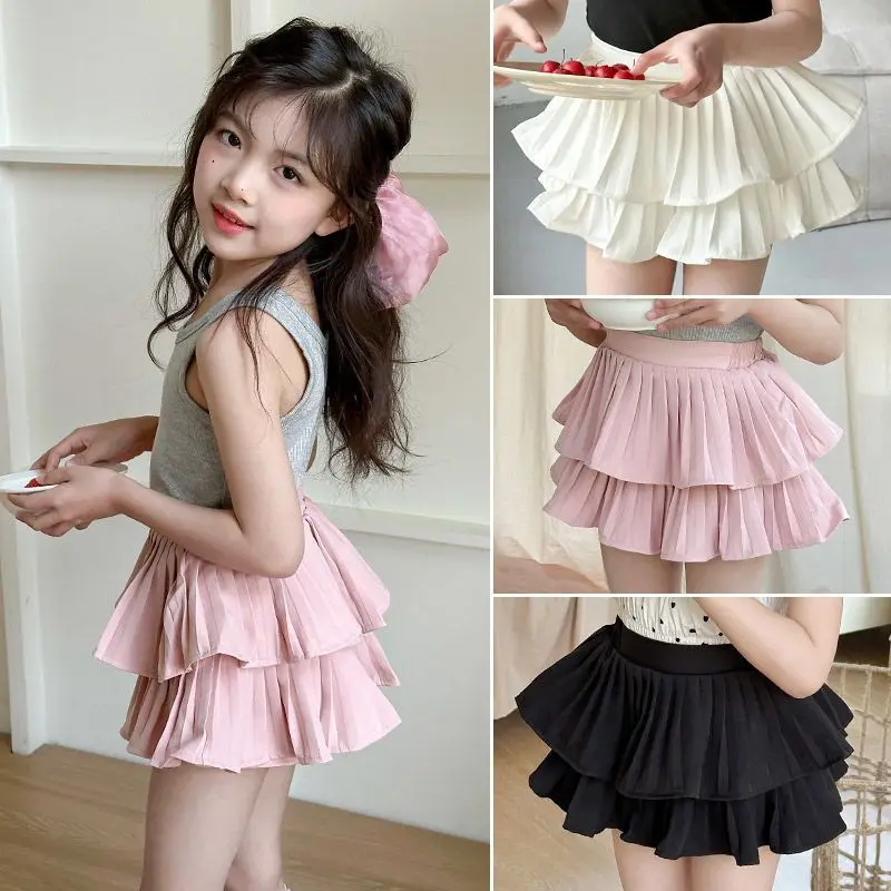New Summer Casual Teenager Girls Short Skirt Sweet Cake Design Ruffled Cotton Dress Soft Solid Color Kids Clothes 4 6 8 1012 14Y