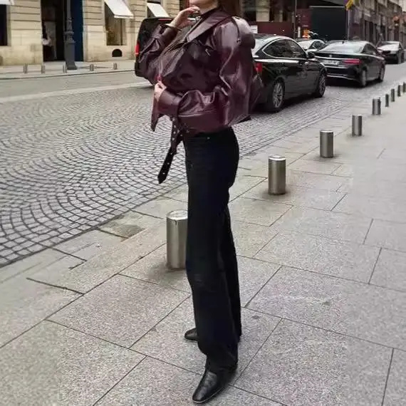 2024 레트로 스탠드 칼라 모터사이클 재킷 레드 와인 컬러 PU 가죽 코트 롱 슬리브 여성용 패션 아우터웨어