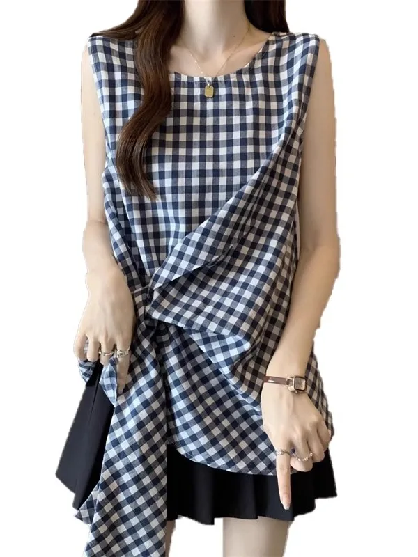 Azul a cuadros Svel irt mujeres de gran tamaño novedad de verano Sle cintura acanalada chaleco con cinturón Top coreano Sle ajuste suelto