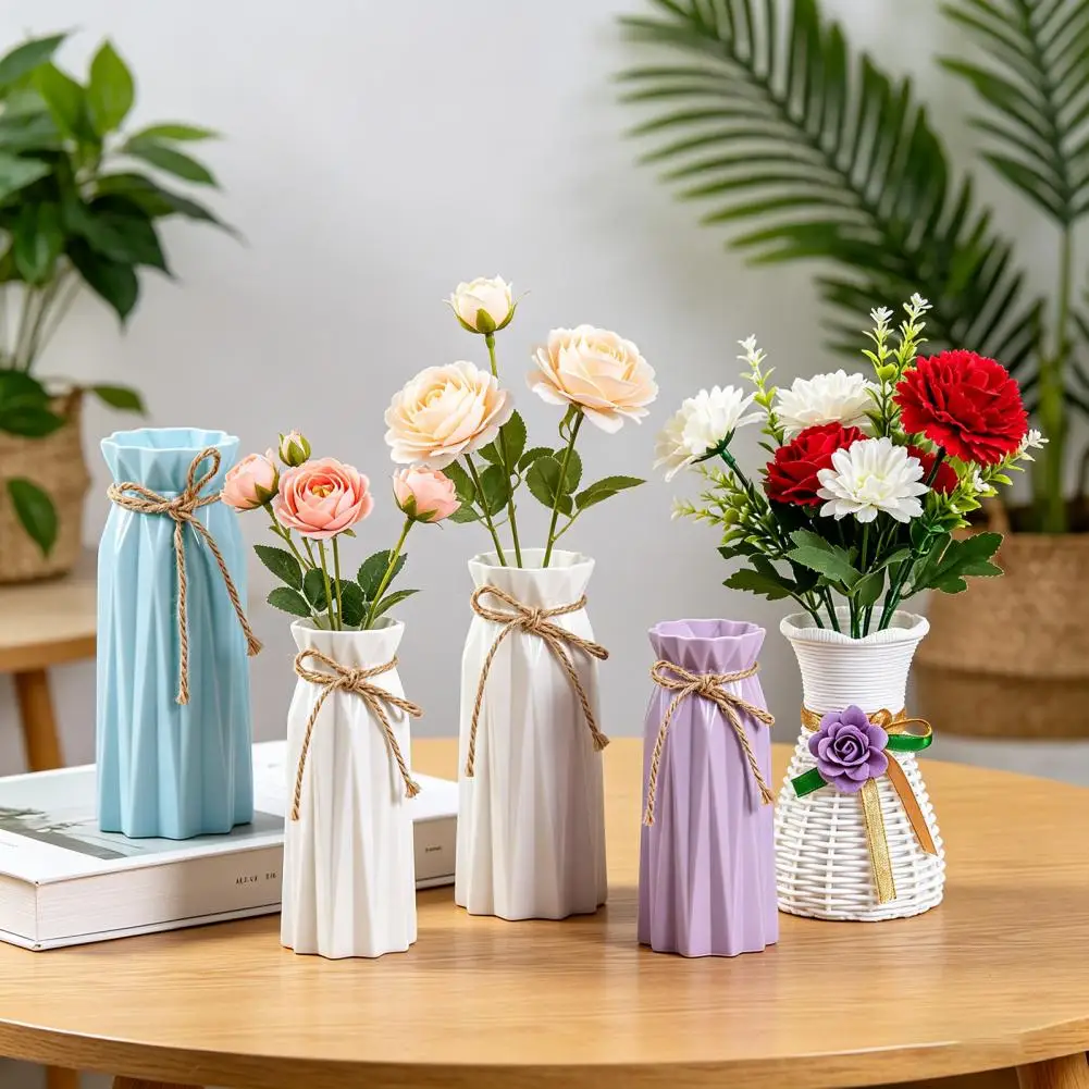 Woven Faux Rattan Vase For Flowers Plastic Weaving Texture Flower Vase Small Decorative Vase For Living Room Home Decor