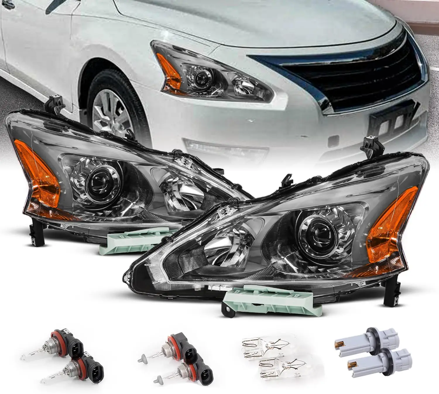 

for 2013-2015 Altima Sedan Gun Metal Tint Replacement Halogen Projector Headlight Pair - Driver and Passenger Side
