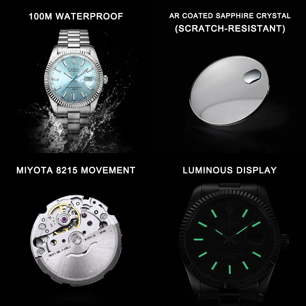 CADISEN New Mens Mechanical Automatic Watch Top Brand Luxury C3 Luminous AR Sapphire MIYOTA 8215 100M Waterproof Gift Watch Men