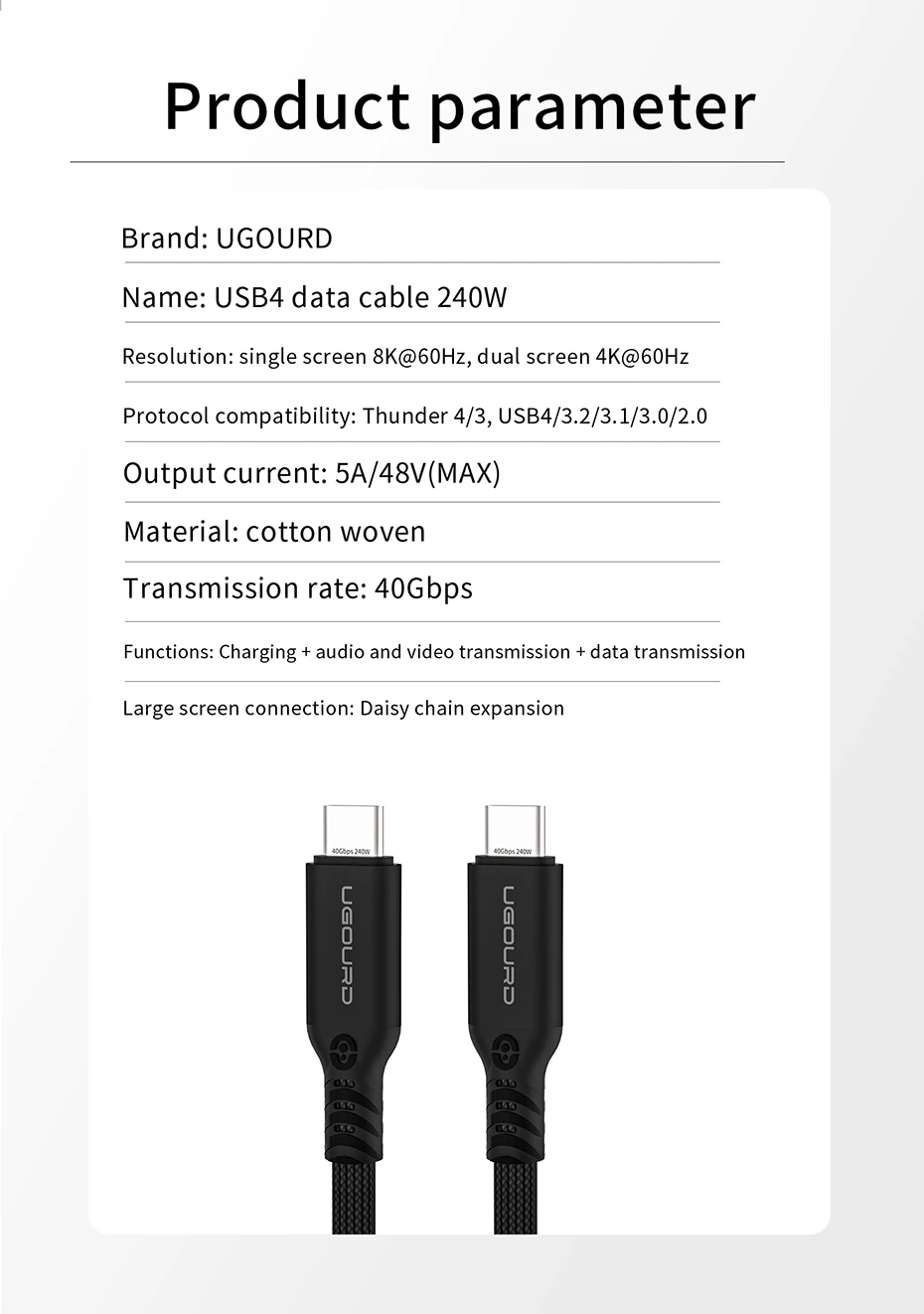 UGOURD Thunderbolt 4 USB4-Kabel 40 Gbit/s Thunderbolt3 0,2 m-2 m 3 m Typ-C-Schnellladekabel 240 W Datenübertragung USB C für Laptop SSD – Detail 12
