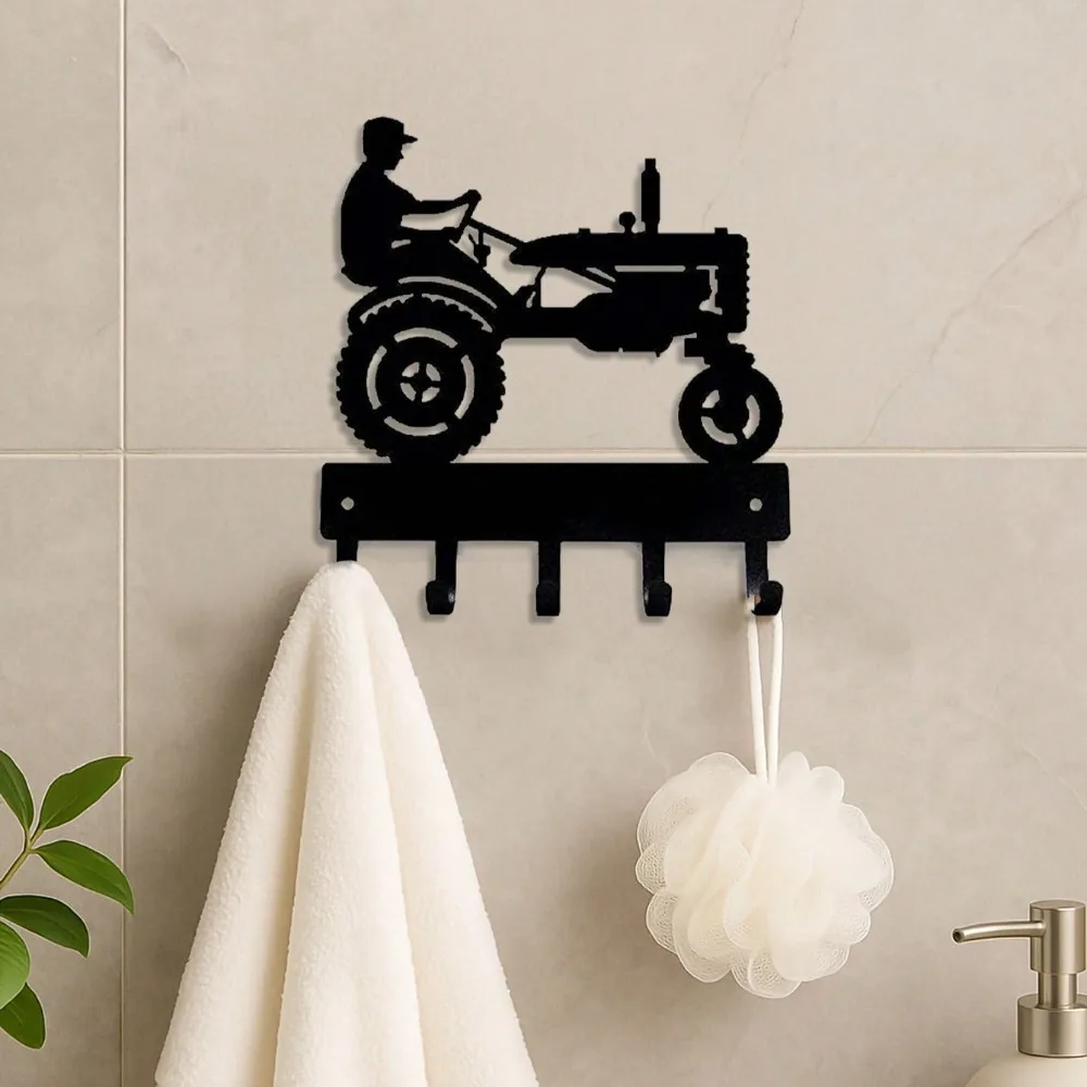 1 szt. Wieszak na klucze w kształcie ciągnika rolniczego i rolnika - 15 cm szeroki, czarny metalowy organizer do montażu na ścianie, dekoracja domu w stylu wiejskim
