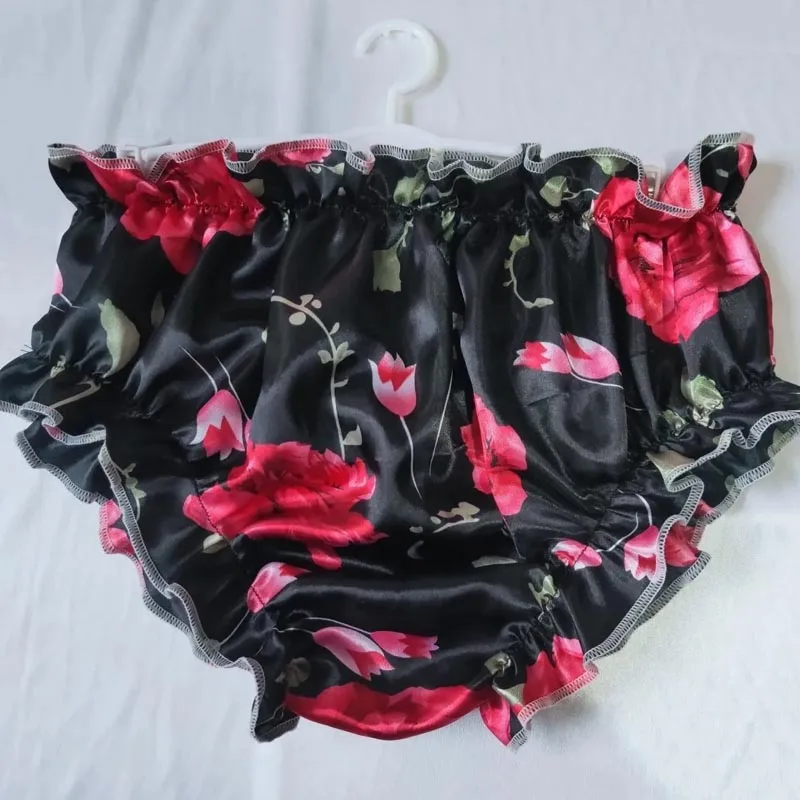Plus Size Glossy Floral Ruffles Bloomers Panties Silky Touch Lingerie Women Men Underwear Sexy Intimates Briefs