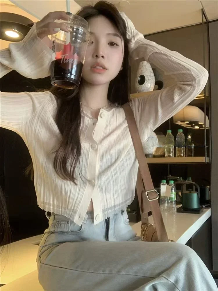 

Рубашки с длинными рукавами, женские солнцезащитные кремы, милые вязаные весенние шикарные девичьи модные студенческие мягкие укороченные топы Y2k, милая уличная одежда, простая