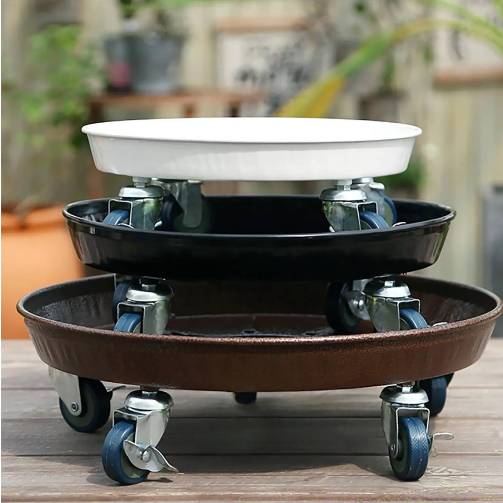

Plant Saucer Tray with Wheels Rust-Resistant Wheeled Plant Cart Flower Pot Dolly Indoor Outdoor Use Round Caster Base