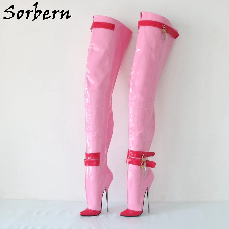 

Sorbern Pink Fetish Crotch Thigh High Boots For Women Lockable Straps Front Zippers Ballet Metal High Heel Custom Colors