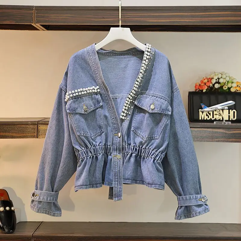 

V-neck Nail Bead Short Denim Jacket 2025 Spring and Autumn New Fashion Top for Women