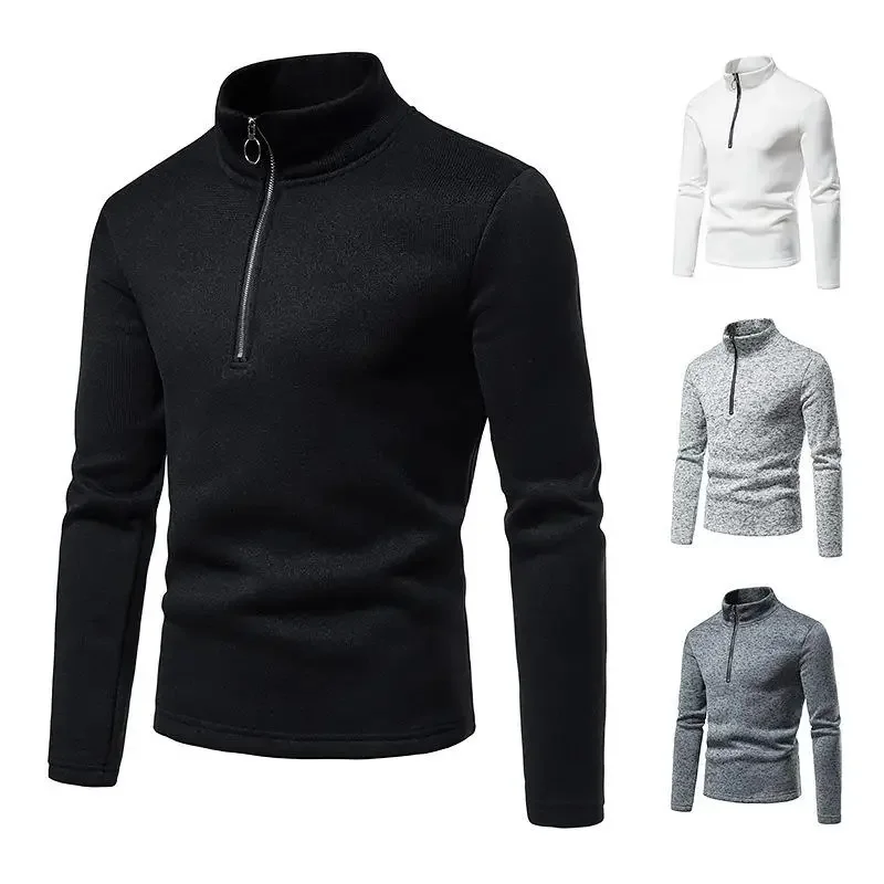 New High-quality Plush And Thickened Hoodie For Men's Winter Warmth T-shirt With Long Sleeves Standing Collar Base Shirt Top