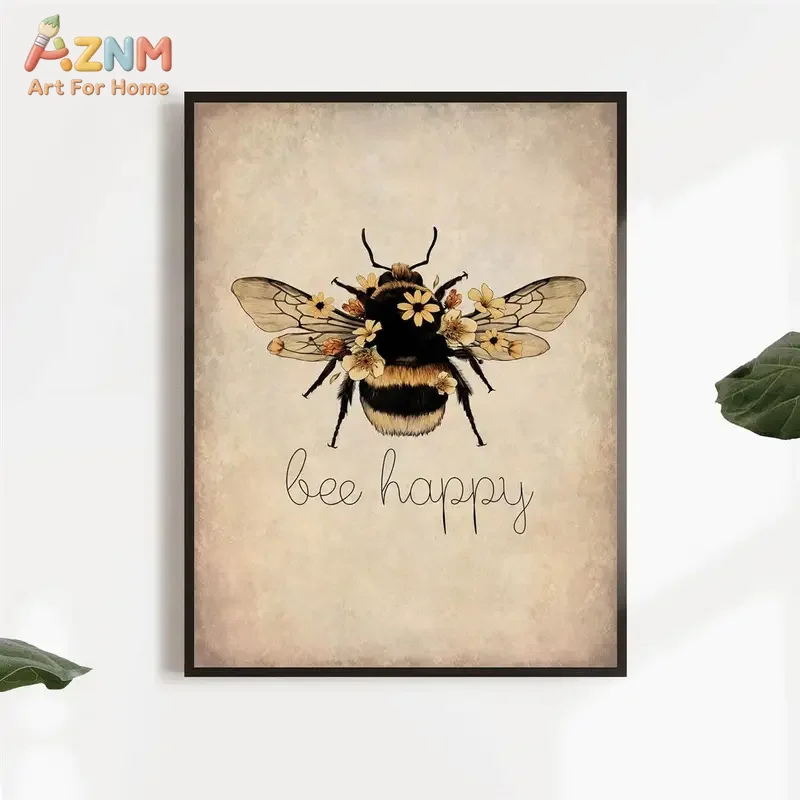 AZNM Bee Happy Vintage Bumblebee With Flowers Canvas Wall Art Retro Insect Positive Quote Print Farmhouse Home Unframed Canvas P