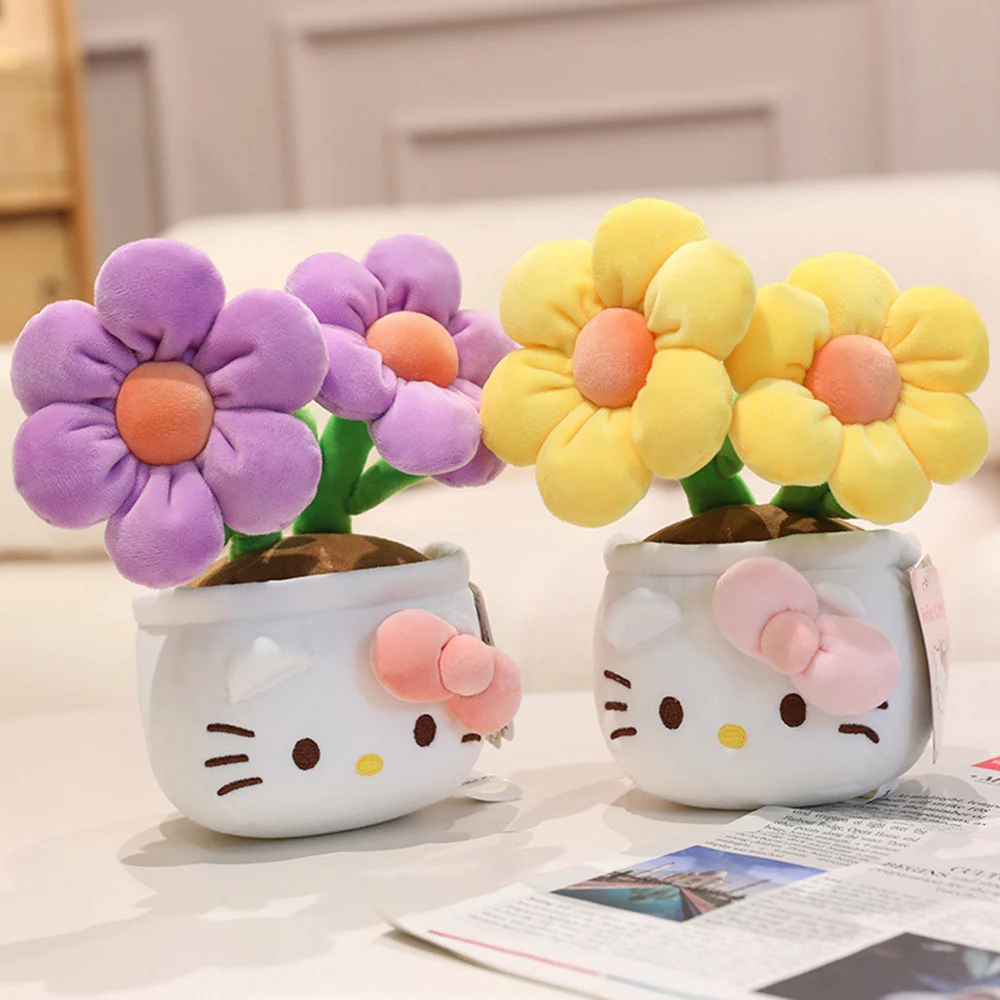 

New Sanrio Cute Potted Plants Hello Kitty Plush Animals Bouquet Indoor Desktop Ornament