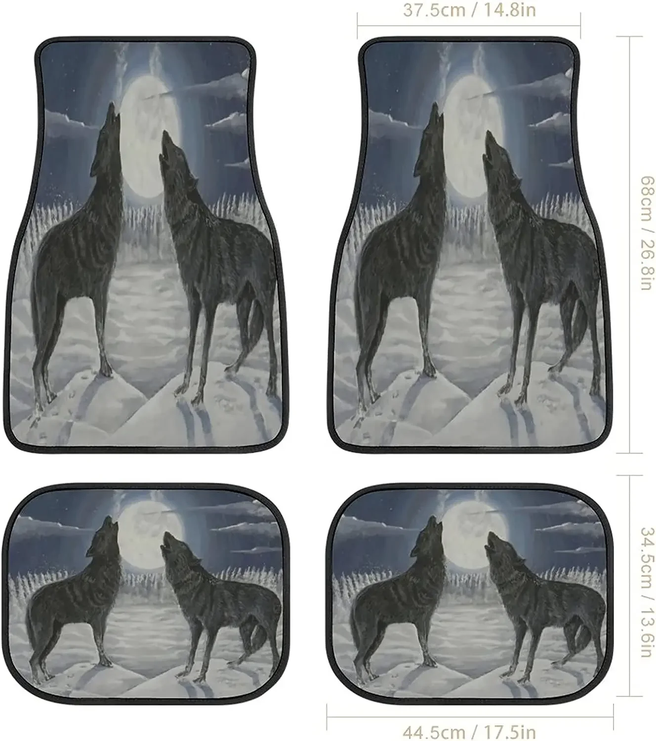 Snow Wolf Animal Car Mats Front&Rear 4-Piece Full Set Carpet Car SUV Truck Floor Mats with Non Slip Back