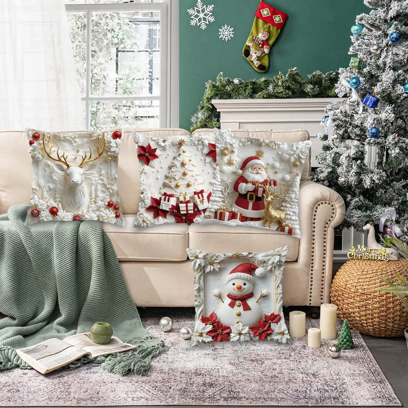 Christmas Throw Pillow Covers 4 Pieces 18x18inch Reindeer Santa Prints Decor Throw Pillow Covers For Friends Home Indoor Winter