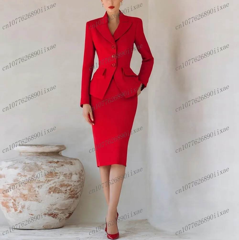 

New Red Blazer And Skirt Women Suits Lady Formal Business Tuxedos Mother Wedding Party Ladies 2 Piece Set Jacket Skirt