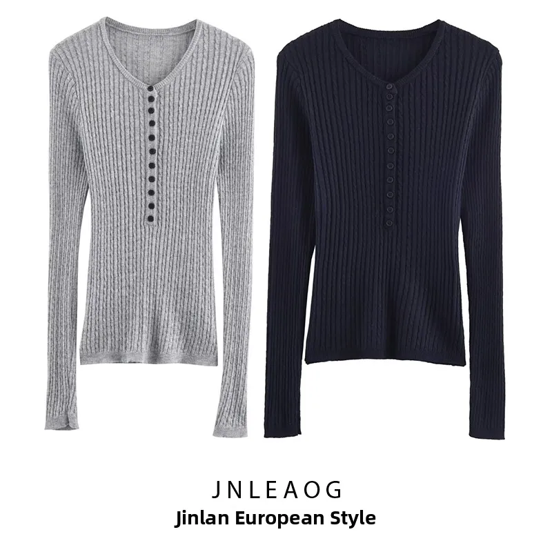 

Fashionable Long Sleeve Knitted Sweater JNLEAOG Women's Autumn New Style Versatile Design Polyester Fiber round Neck Button C...