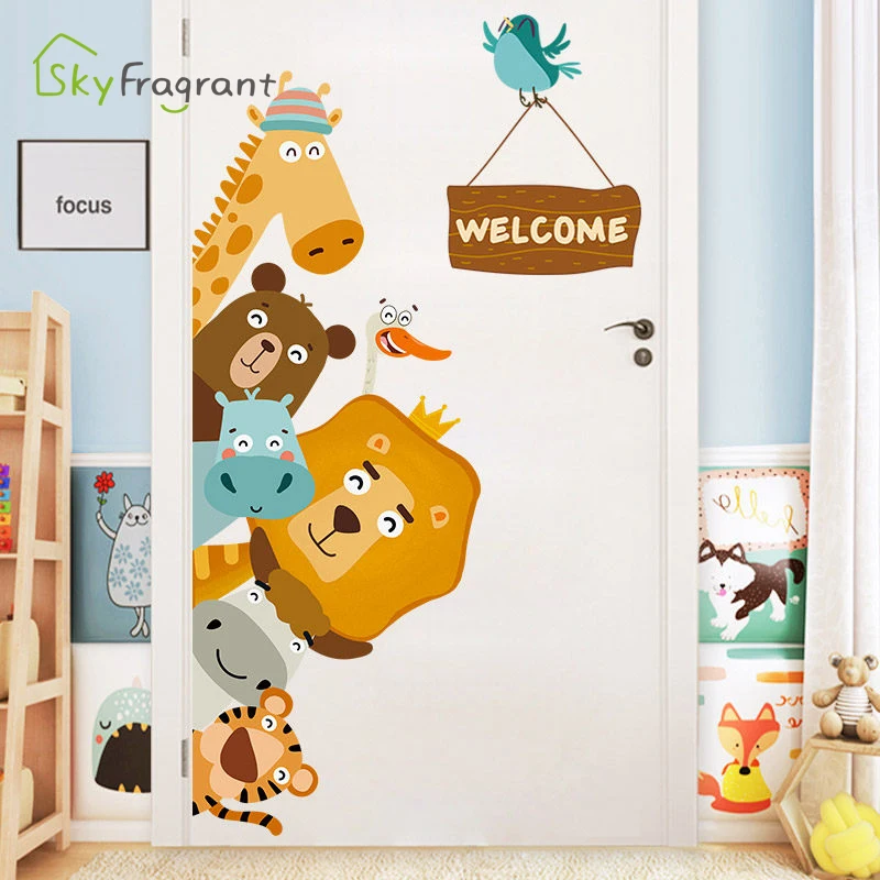 Cartoon Animals Wall Stickers For Kids Rooms Door Sticker Baby Child Bedroom Corner Wall Decoration Home Decor Self-adhesive