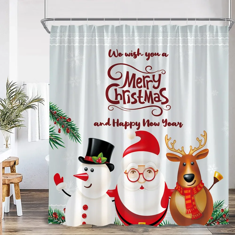 Merry Christmas Shower Curtain Santa Claus Snowman Snow Winter Holiday Bathroom Curtain Happy New Year Polyester Bathtub Decor