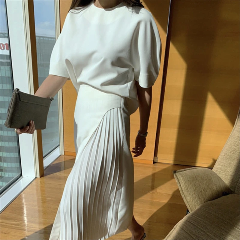 Elegant Spring Summer Two Pieces Set For Women O Neck Half Sleeve Solid Simple Top+A Line Pleated Skirt Female Casual Suit