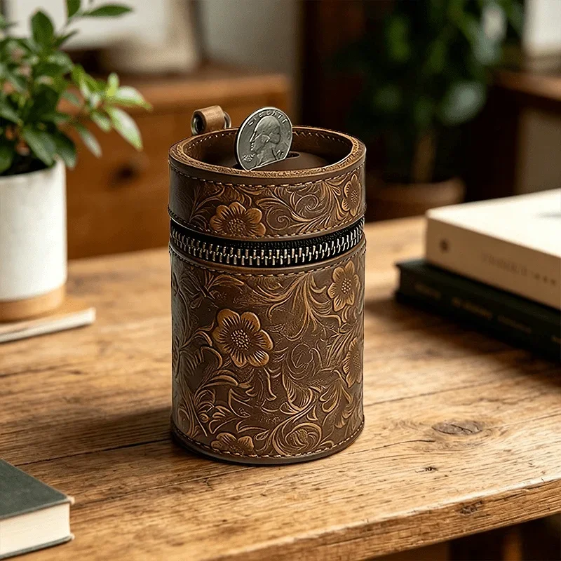 Leather Coin Bank,  Fits in Car Cup Holders，Can Be Used as a Coin Purse, Coin Storage Box, Money Clip, or Zipper Pouch