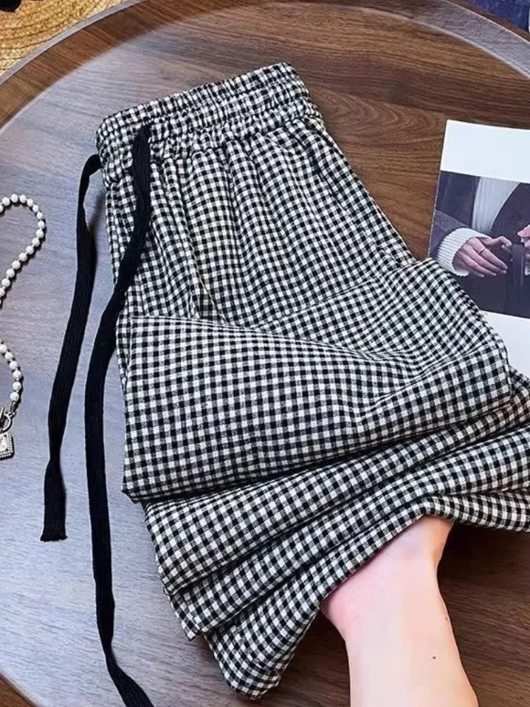 

Летние тонкие повседневные брюки-палаццо женские в клетку, свободные, стройнящие, с завязками, прямые, в корейском стиле, высокая талия...