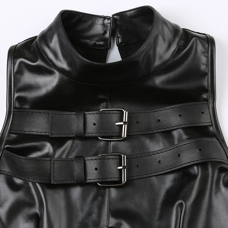 SUCHCUTE Punk Stil Leder PU Patchwork Crop Tops Frauen Grunge Biker Ärmelloses Korsett Tank Top Streetwear Dark Academia Weste – Detail 6