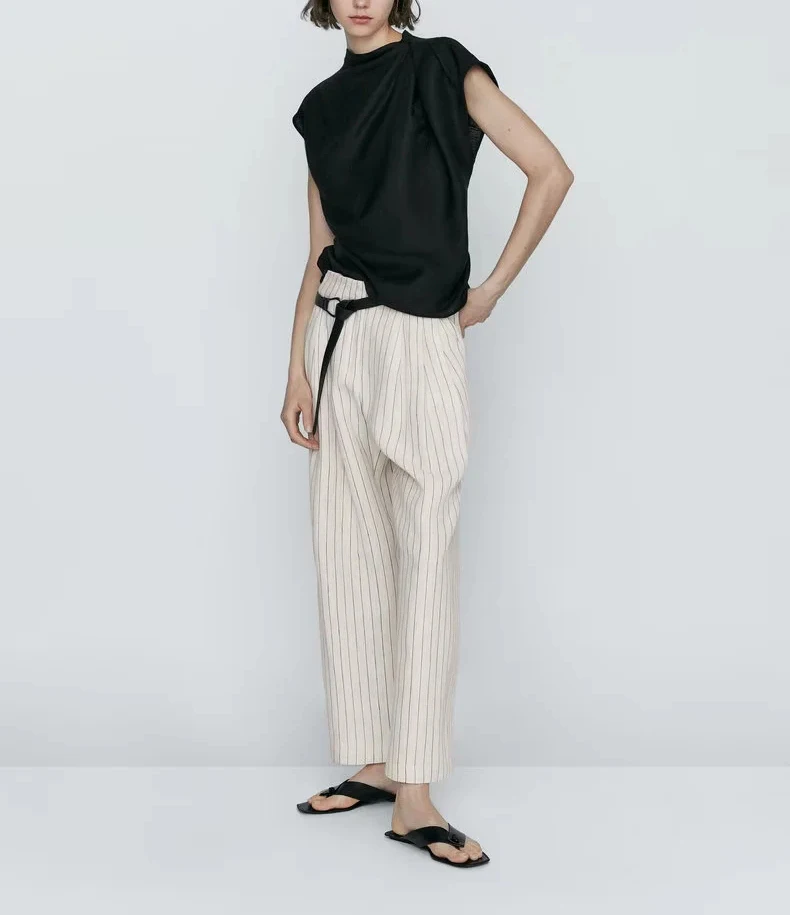 Elegant Black Shirt Top Women's Fashion 2024 New Style Shoulder Draped Vest Commute Style round Neck No Sleeve Polyester Fiber