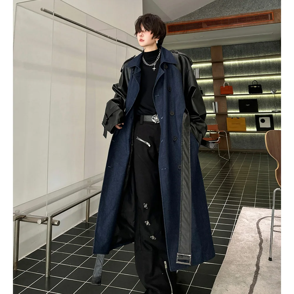 Double Breasted Denim Splice Leather Long Windbreaker Jacket Men Mid Loose Casual Korean Streetwear Trench Coat Outerwear