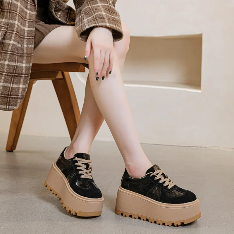 High quality 8CM Genuine Leather Breathable Fashion Chunky Sneaker Flats Booties Boots Spring Autumn Women Vulcanize Shoes view 6