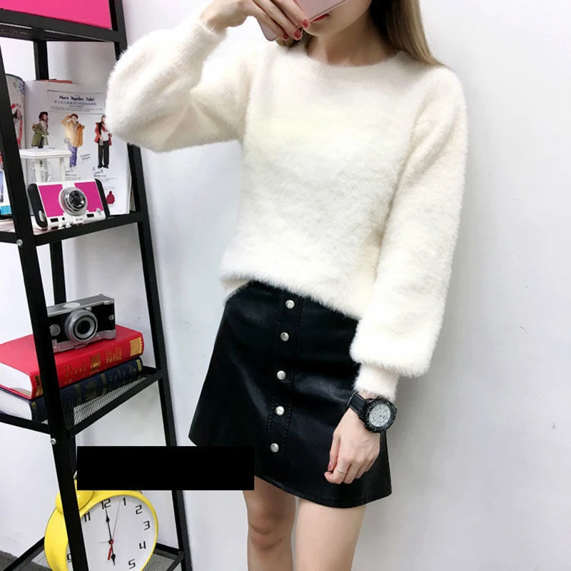 Jesień Zima Imitate Mink Wool Hot Flecing Sweet Y2K Korean O-neck Bishop Sleeve Sweater Women Knitted Tops Pullovers Solid