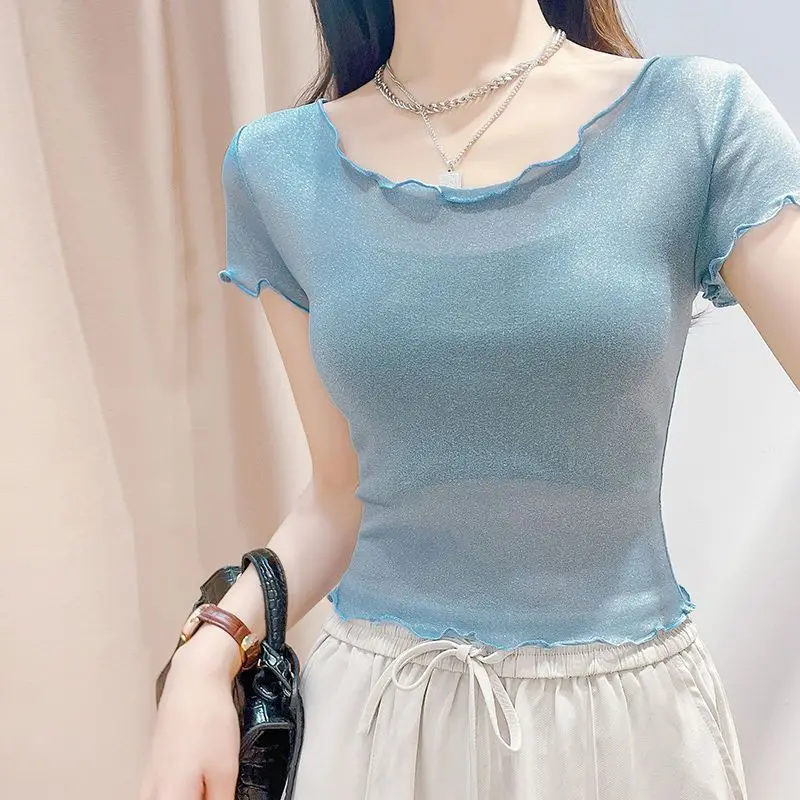 أزياء كوريا 90s عادي الصيف الزي ضئيلة شبكة المرأة تي شيرتات قصيرة الاكمام الكورية مراجعات العديد من الملابس بيع أنيقة أعلى الإناث