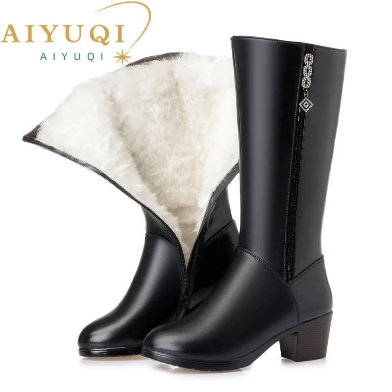 AIYUQI Women winter boots 2024 genuine leather female motorcycle boots big size 35-43 warm wool boots women Police boots