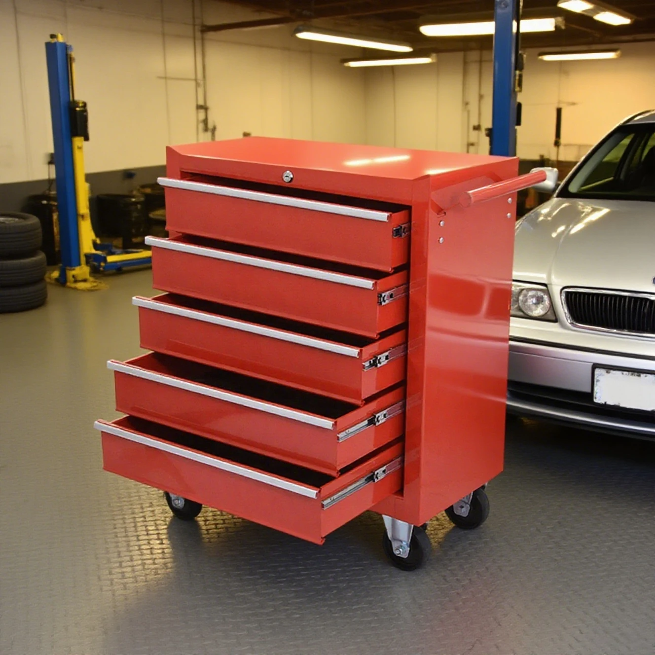 Carro de caja de herramientas rojo con cerradura, gabinete mental con rodillo de 5 cajones, carrito de jardín para garaje, 