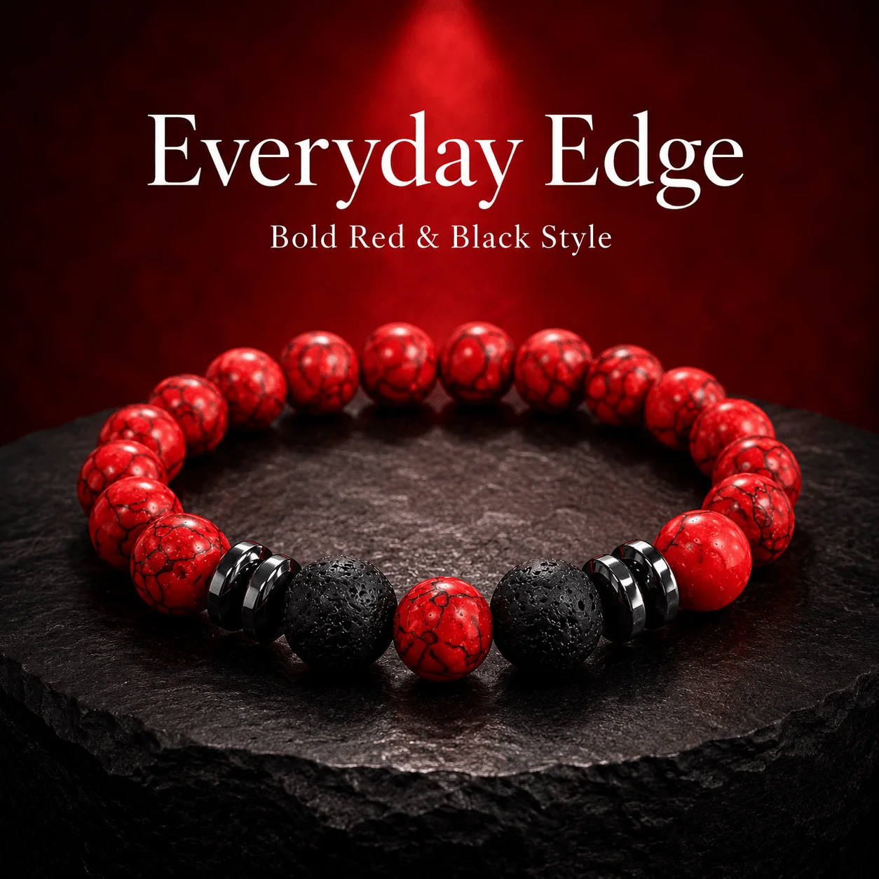 A Red and Black Bracelet—Combining Beads with Red Stone-Like Textures and a Matte Black Finish—Making It an Ideal Gift Choice.