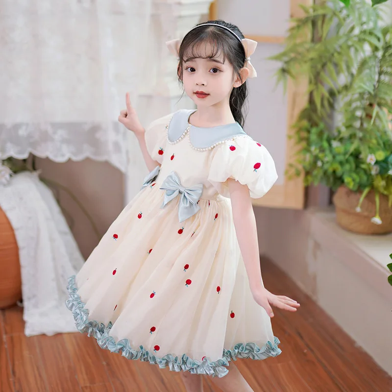 Girls Short Sleeve Dress Summer Children 4-12 Years Old Fruit Print Bow Princess Mesh Dress  Kids Clothes  Ropa De Niña