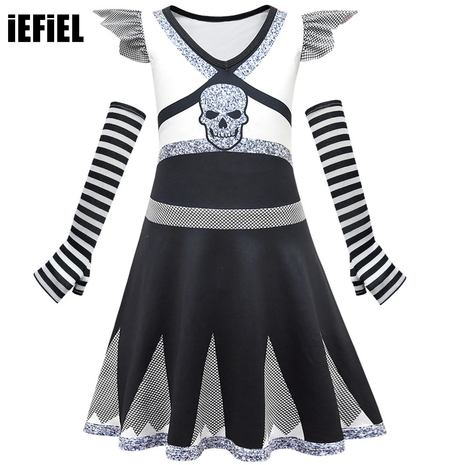 

Kids Girls Halloween Zombie Cheerleading Costumes Skeleton Print Fly Sleeve Dress Striped Half-finger Gloves Suit